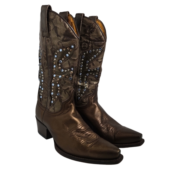 Frye Daisy Duke Bronze Leather Mid Calf Cowboy Boots Size 7M - Picture 1 of 9